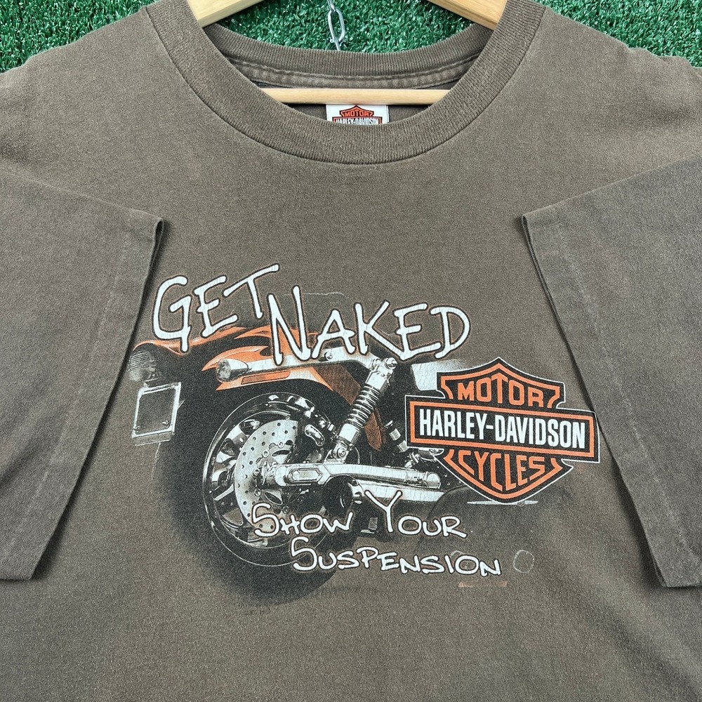 VTG Harley-Davidson T-Shirt Mens 2XL Brown Get Naked Suspension Lakeland Y2K
